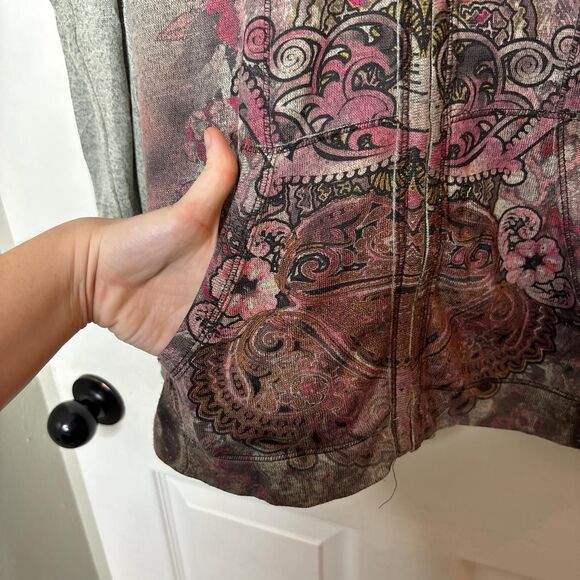 Vintage Y2K One World 2X Gray Boho Floral Rhinestone Zip HoodieY2K - Picture 6 of 7